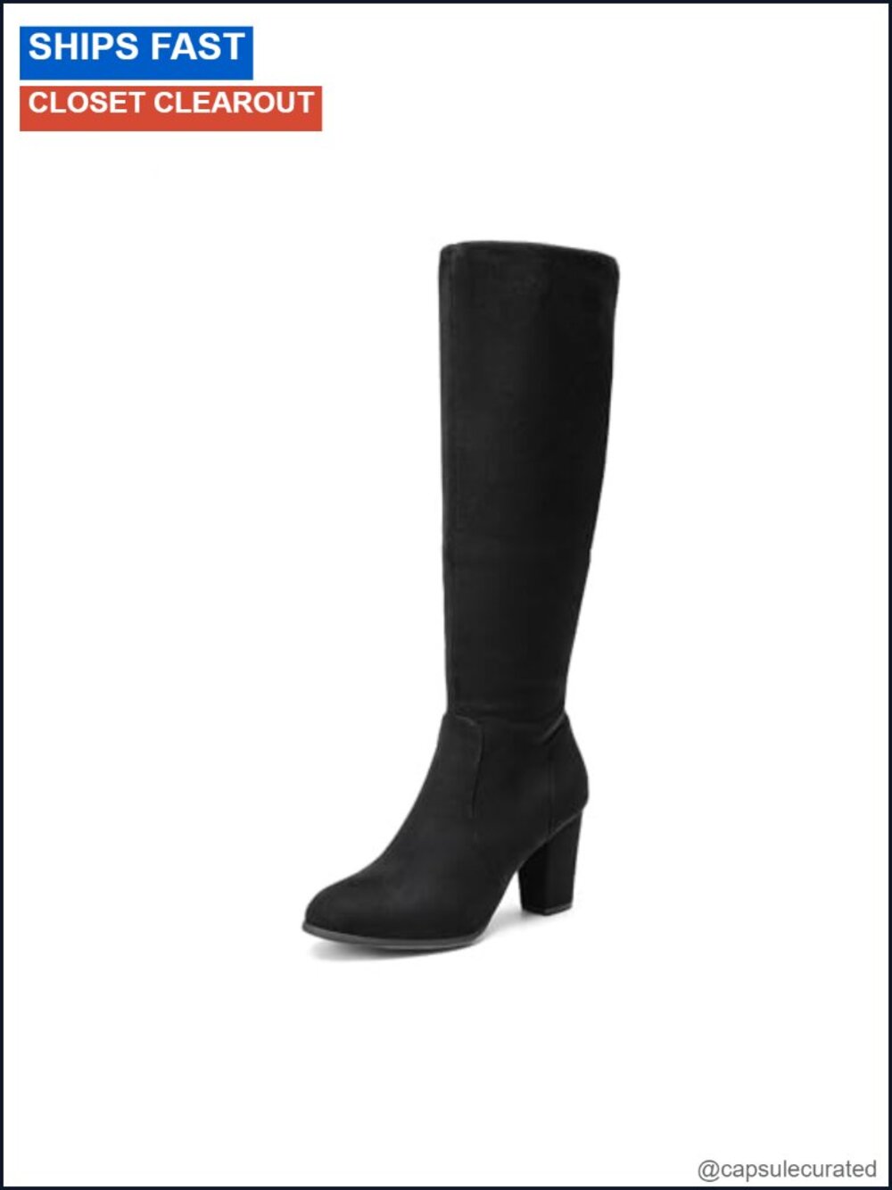 Knee High Winter Boots Faux Suede Faux Fur Trim Chunky Heel Zip